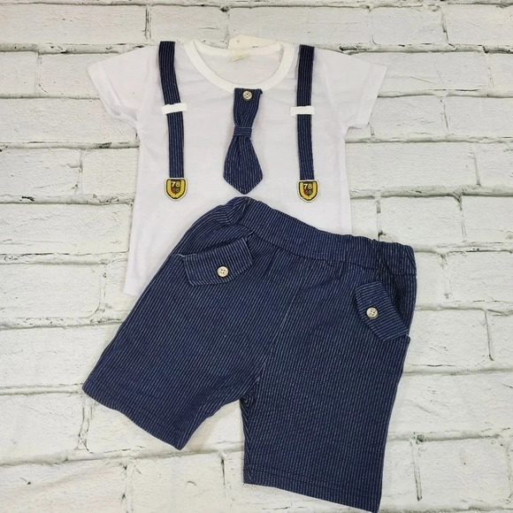 2T Navy Blue Faux Suit Baby Boys 2 pcs Outfit. T-Shirt and Shorts Set - Picture 2 of 11